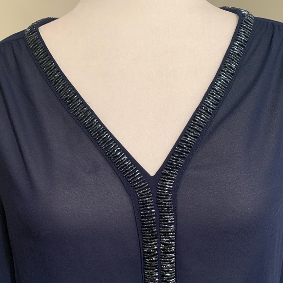 Alya Navy Blue Bell Sleeve Sheer Beaded Blouse - Picture 4 of 7